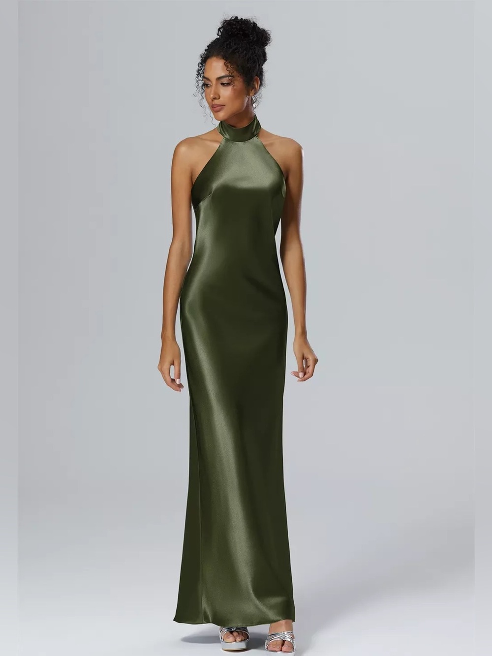 AW Bridal Green Olive Satin Halter Maxi Bridesmaid Dress Size 6